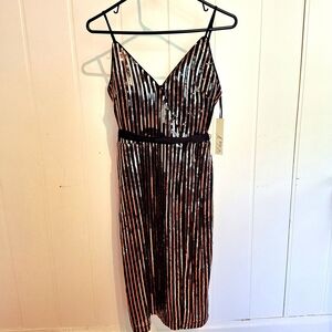 NWT Eliza J Shimmering Black and Gold Sequin Spaghetti Strap Midi Dress Size 8